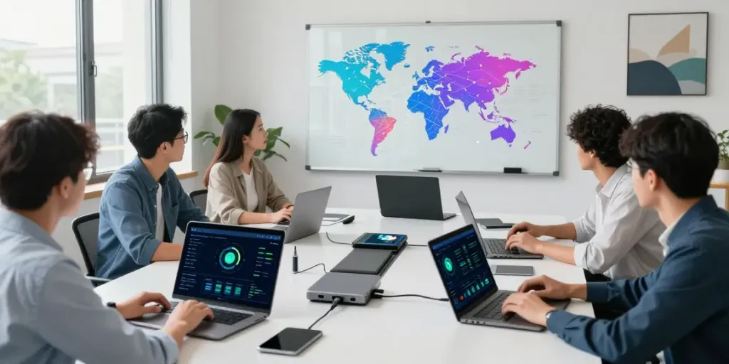Team collaborating with 快连 technology in a modern workspace, showcasing global network performance.